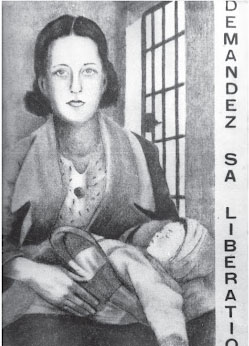 Imagem preto e branco. Olga Benário segurando Anita Prestes no colo. Ao fundo, porta com grade (porta de cadeia).