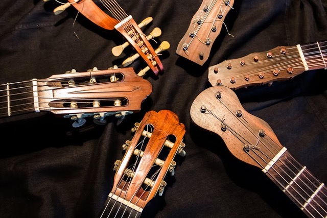 Sobre um fundo de tecido marrom, dispostos em círculo, cinco instrumentos de corda (violão, viola…) dos quais só aparece a parte superior: mão, tarraxas, pestana e parte dos braços com as cordas.